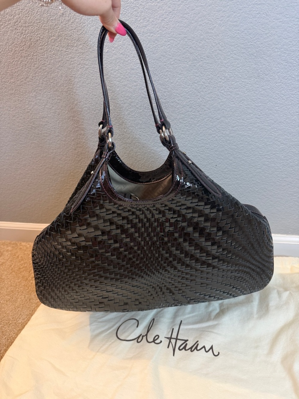 Cole Haan Genevieve Triangle Tote Plum Woven Shoulder Bag with Dustbag